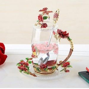 Glass Tea Cup Coffee Mug, Handicraft 3D Vintage Flower Cup with Lid Coaster